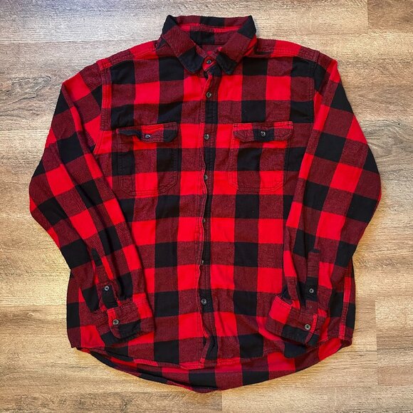 Casual Button Down Mens Large Red Plaid Rugged Cottagecore Flannel Shirt - Picture 1 of 4